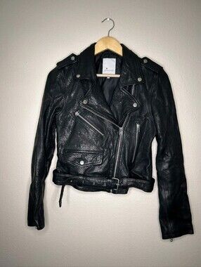 Goosecraft Womens Black 100% Sheep Leather Moto Biker Jacket Belted Size L